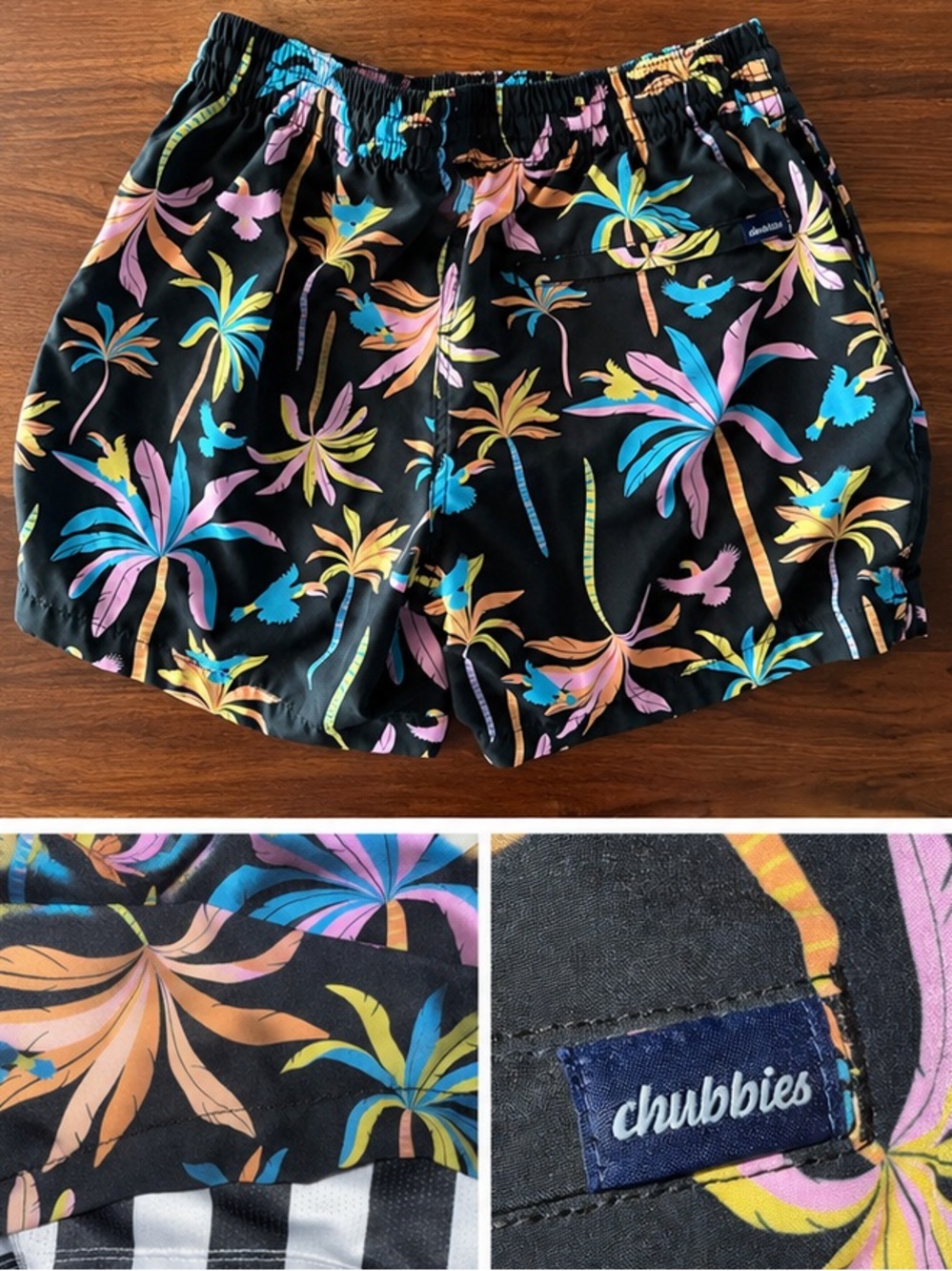 chubbies Black Tropical Palm Print Swim Shorts with Pink & Blue Accents